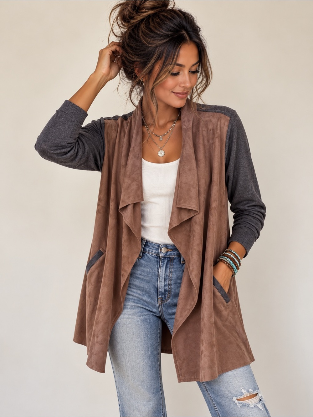 Chico’ Two-Tone Draped Open Front Cardigan Jacket - Brown/Gray